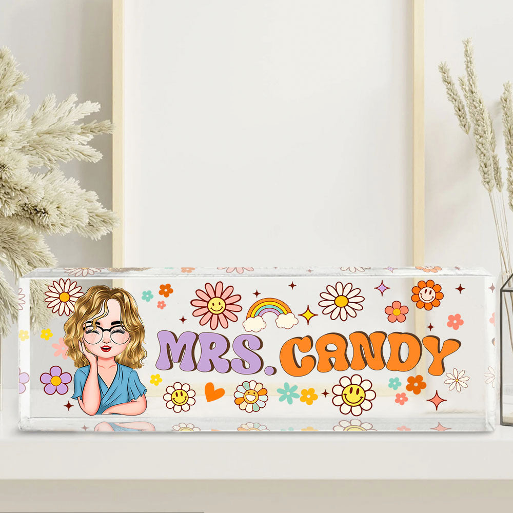 Personalized Acrylic Desk Name Plate - Gift For Teacher - Teacher's Name With Flowers & Rainbow AI