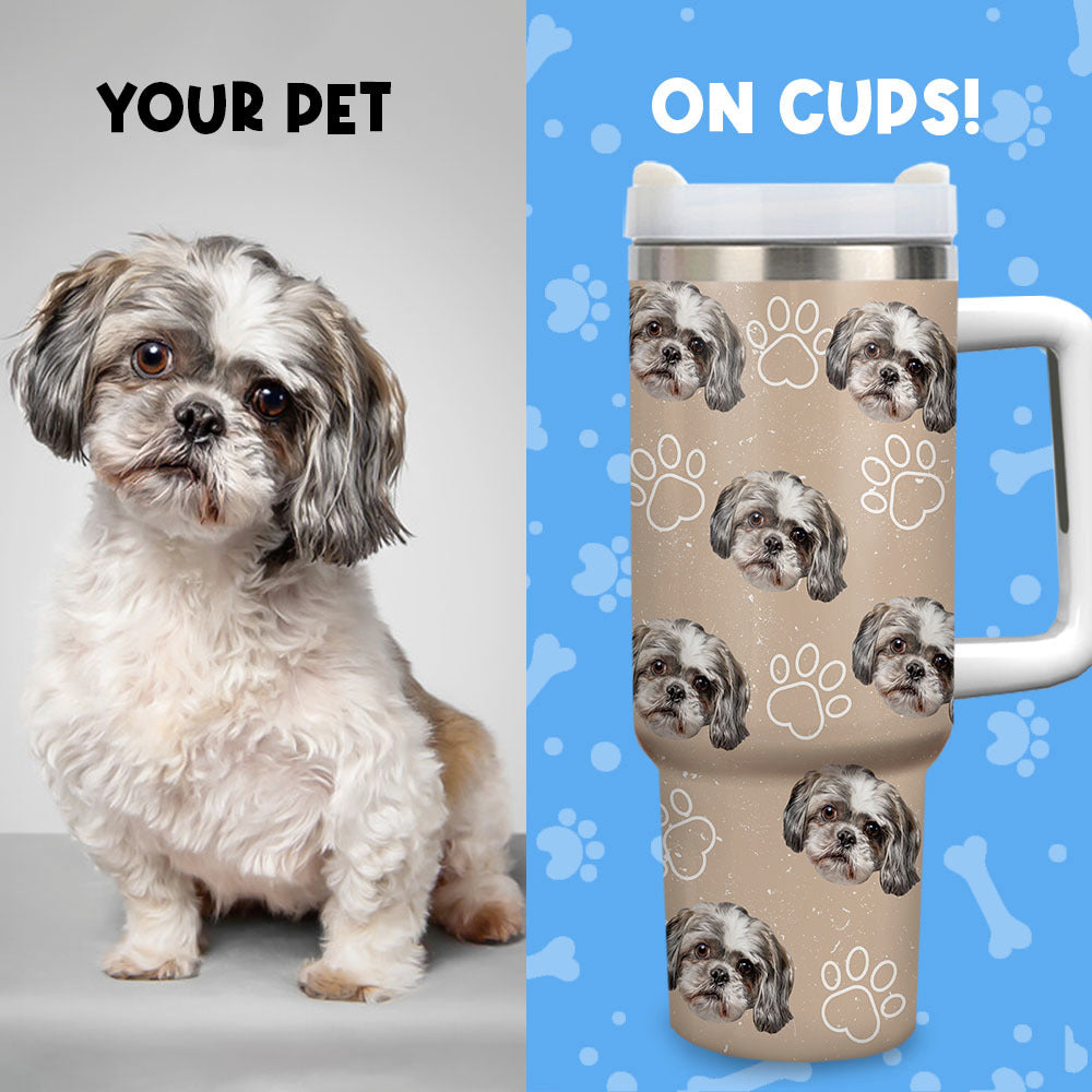 Personalized 40 oz Tumbler With Handle and Straw Lid - Gift For Pet Lovers - Dog Cat Face Photo Retro Style FC