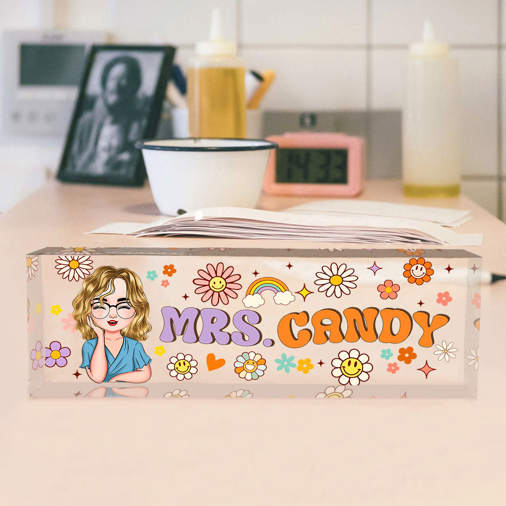 Personalized Acrylic Desk Name Plate - Gift For Teacher - Teacher's Name With Flowers & Rainbow AI