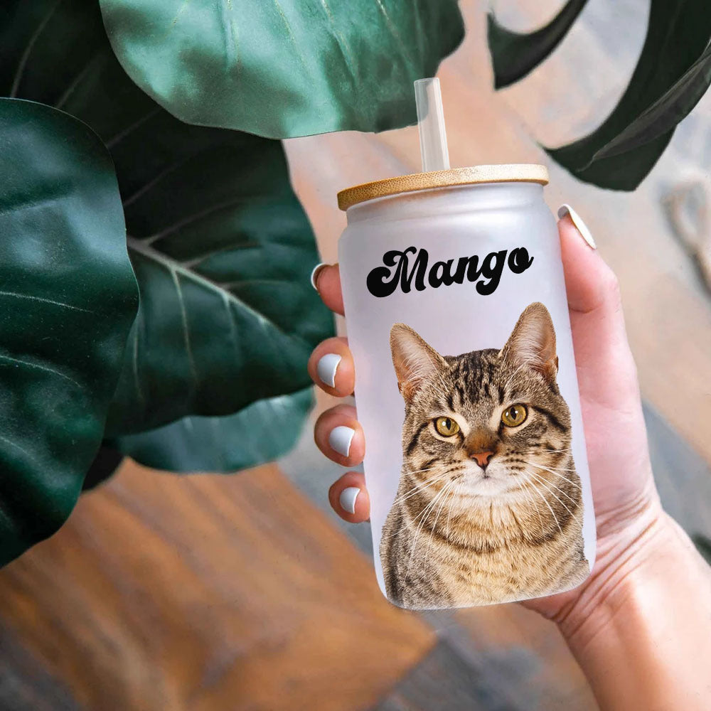Custom Portrait Photo Glass Can With Lid & Straw, Pet Lover Gift FC