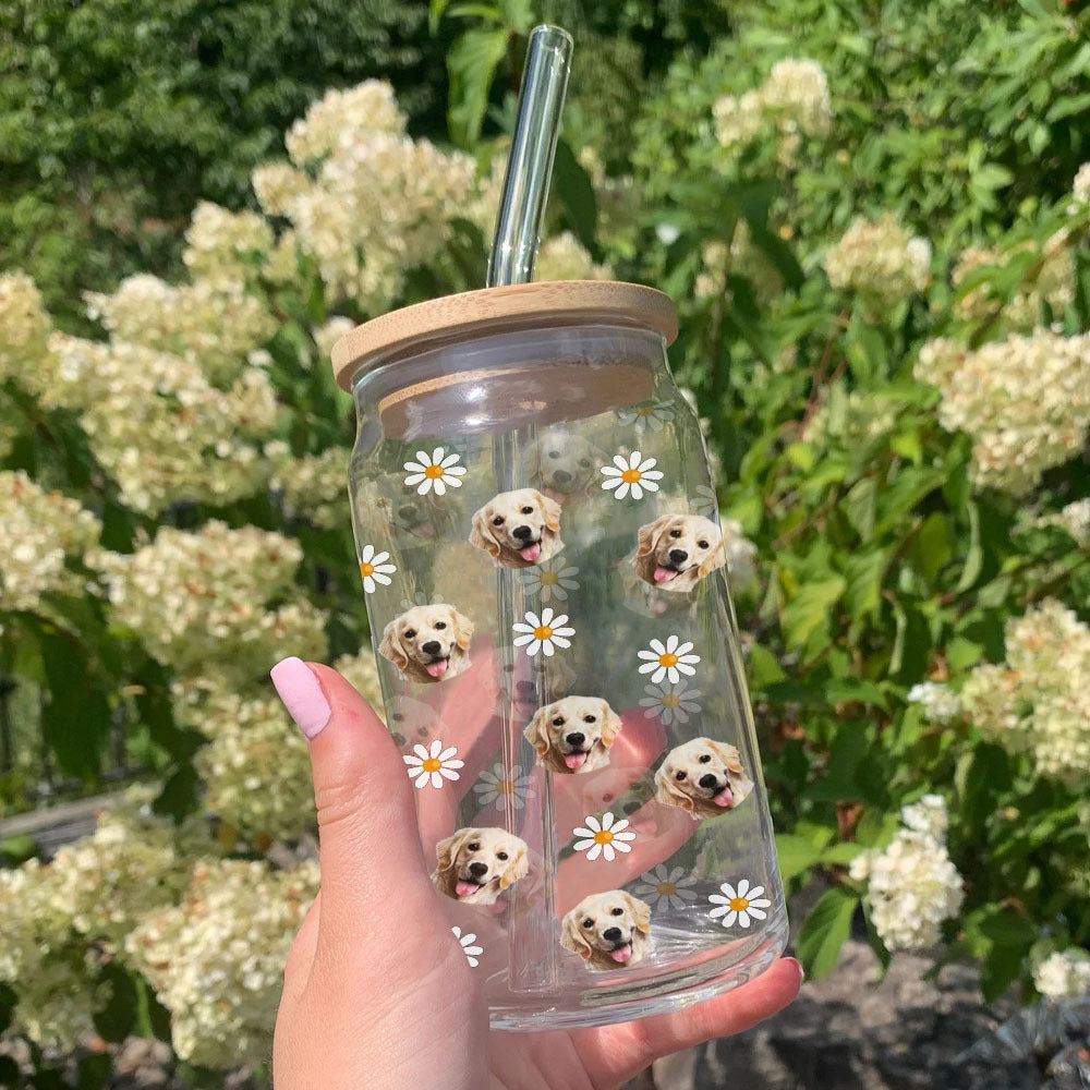 Custom Photo Face Glass Bottle/Frosted Bottle With Lid & Straw, Pet Lover Gift AF