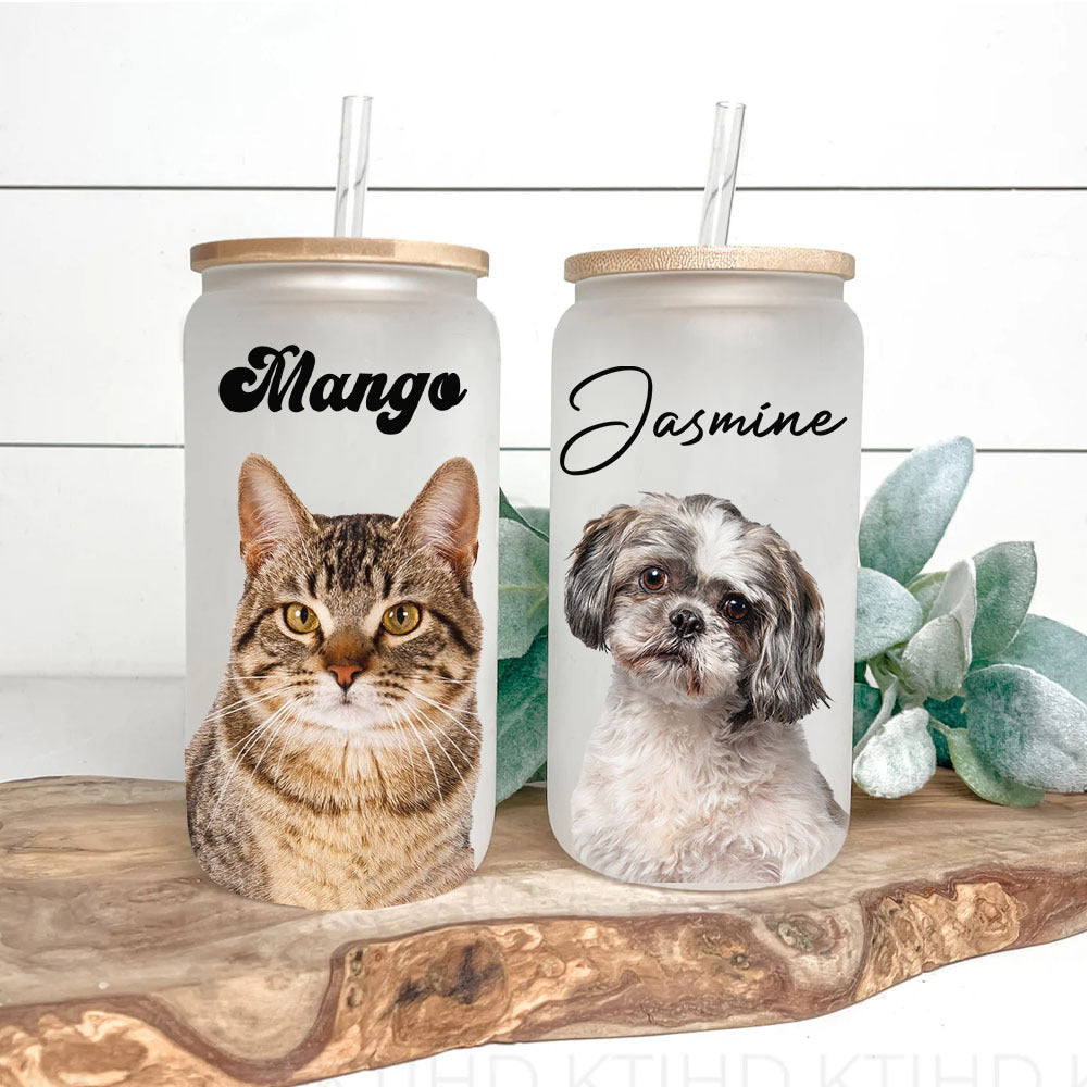 Custom Portrait Photo Glass Can With Lid & Straw, Pet Lover Gift FC