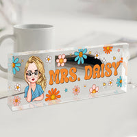 Thumbnail for Custom Flowers Retro Magic Teacher Name Acrylic Desk Name Plate, Gift For Teacher AI