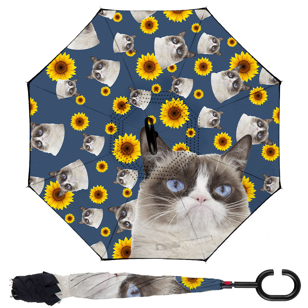 Custom Pet Photo Windproof Reverse Upside Down C-Handle Double Layer Umbrella, Gift For Pet Lover JonxiFon