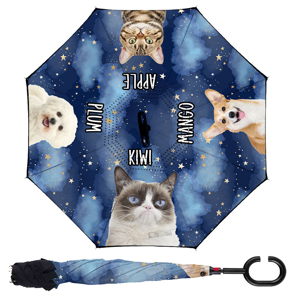 Custom Galaxy Dog Cat Photo With Name Windproof Reverse Upside Down C-Handle Double Layer Umbrella, Pet Lover Gift JonxiFon