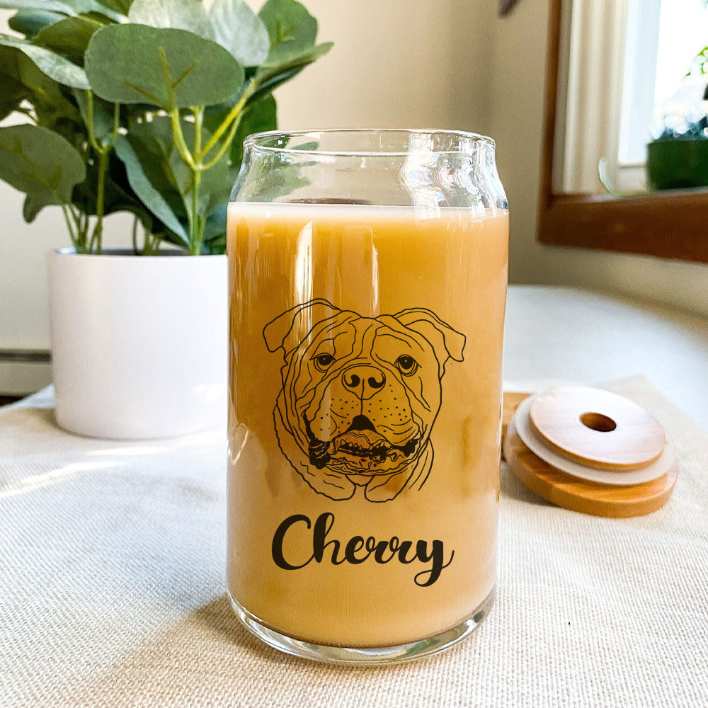 Custom Dog Face Line Drawing Glass Bottle/Frosted Bottle With Lid & Straw AF