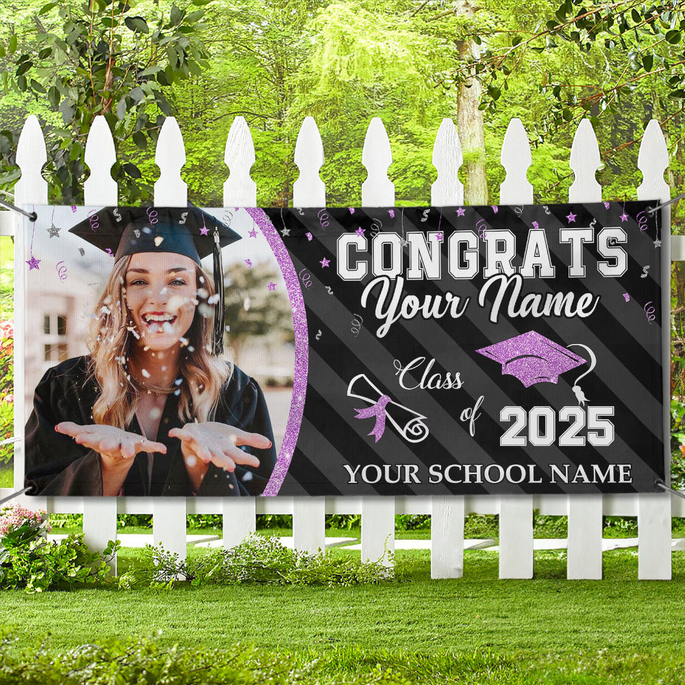 Custom Photo Congrats Class Of 2025 Glitter Graduation Banner, Graduation Decorations