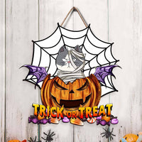 Thumbnail for Personalized Shaped Door Sign - Halloween Decor Gift For Cat Lovers - Trick Or Treat Demon Pumpkin AE