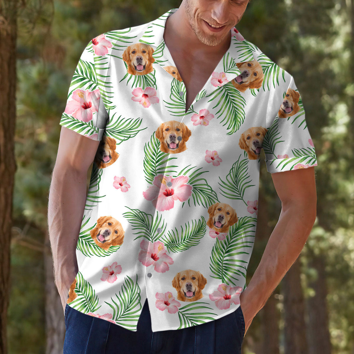 Custom Pet Face Photo White Hawaiian Shirt, Palm Leaves AI