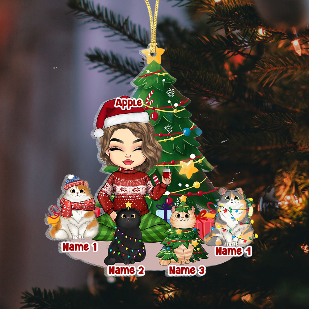 Personalized Girl With Cat At Home Christmas Printed Acrylic Ornament, Gift For Cat Lover AE
