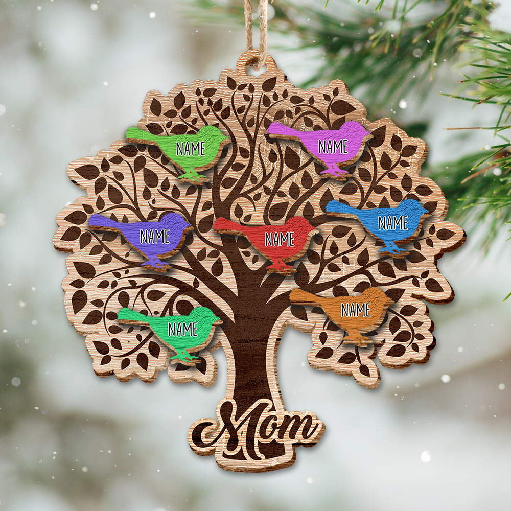 Personalized Family Tree Bird Grandkids Grandma Christmas Layered Wood Ornament , Christmas Gift For Family AE
