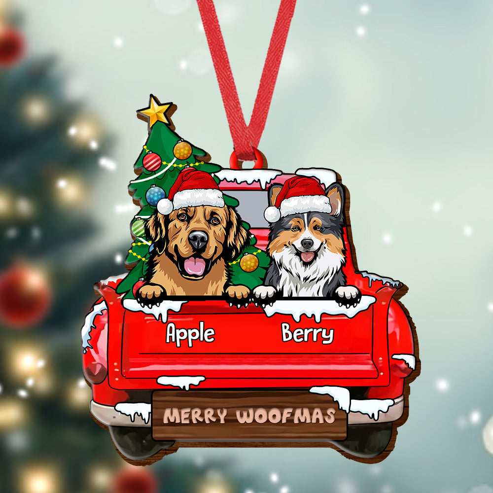 Personalized Dog Red Truck Christmas Wood Ornament Cutout, Customized Holiday Ornament AE
