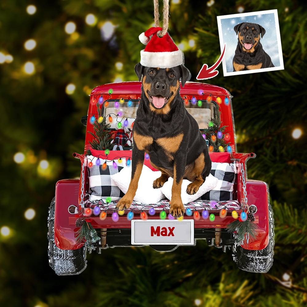 Upload Photo Dog Cat Christmas Red Truck Printed Acrylic Ornament, Customized Holiday Ornament AE