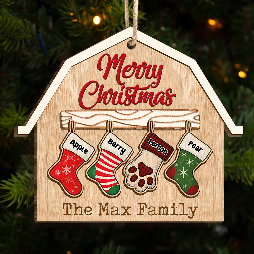 House With Christmas Stockings Family Layered Wood Ornament, Christmas Gift For Family AE