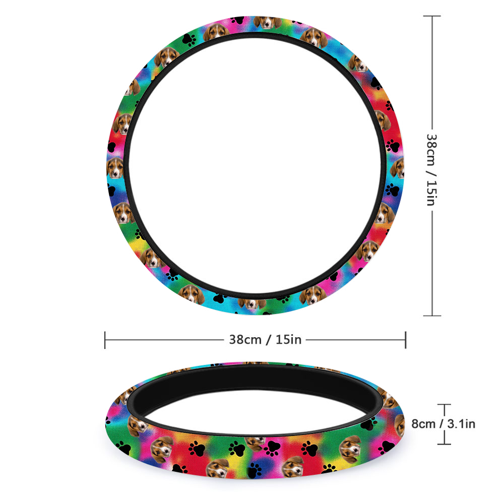 Custom Hologram Tie Dye Photo Dog Cat Car Steering Wheel Cover, Pet Lover Gift FC