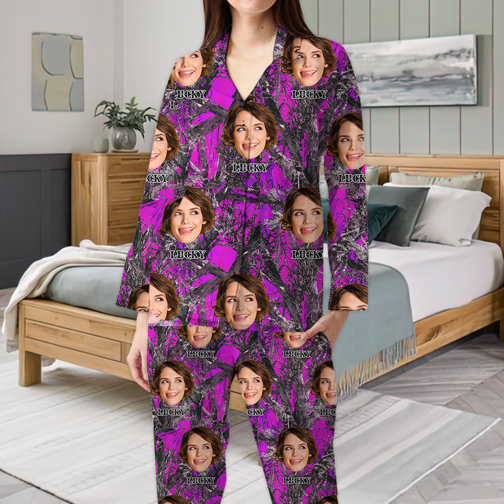 Personalized Custom Face Husband Wife Camo Hunting Pattern Pajamas Set, Funny Gift For Hunting Lover AB