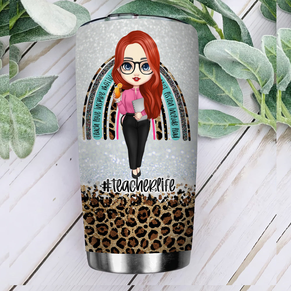 Rainbow Leopard Glitter Teacher Tumbler, Pencil Monogram Tumbler AA