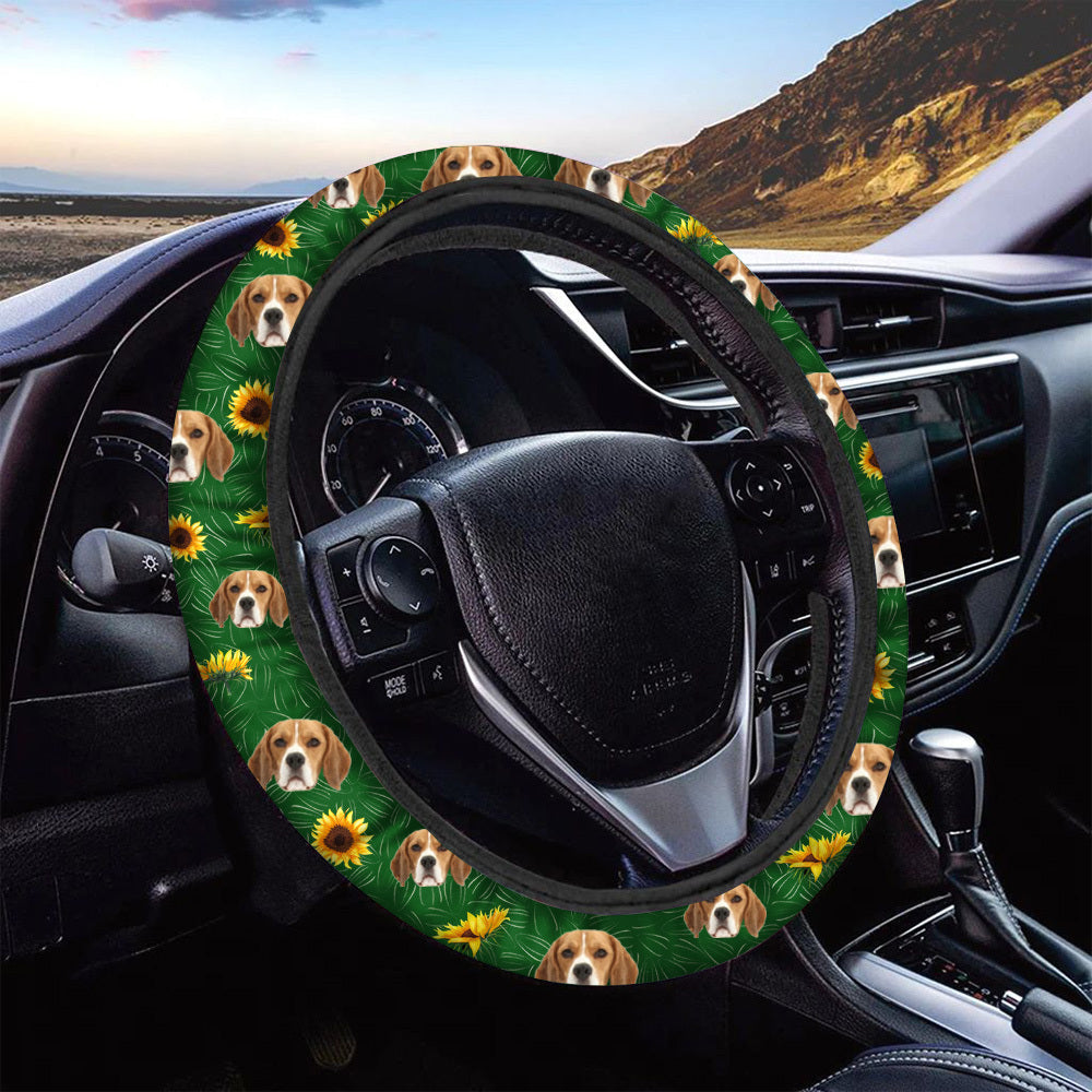 Personalized Dog Cat Face Sunflower Pattern Steering Wheel Cover, Pet Lover Gift FC