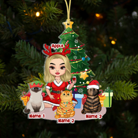 Thumbnail for Personalized Girl With Cat At Home Christmas Printed Acrylic Ornament, Gift For Cat Lover AE