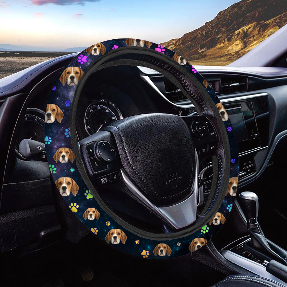 Custom Neon Pawprints Dog Cat Photo Car Steering Wheel Cover, Pet Lover Gift JonxiFon