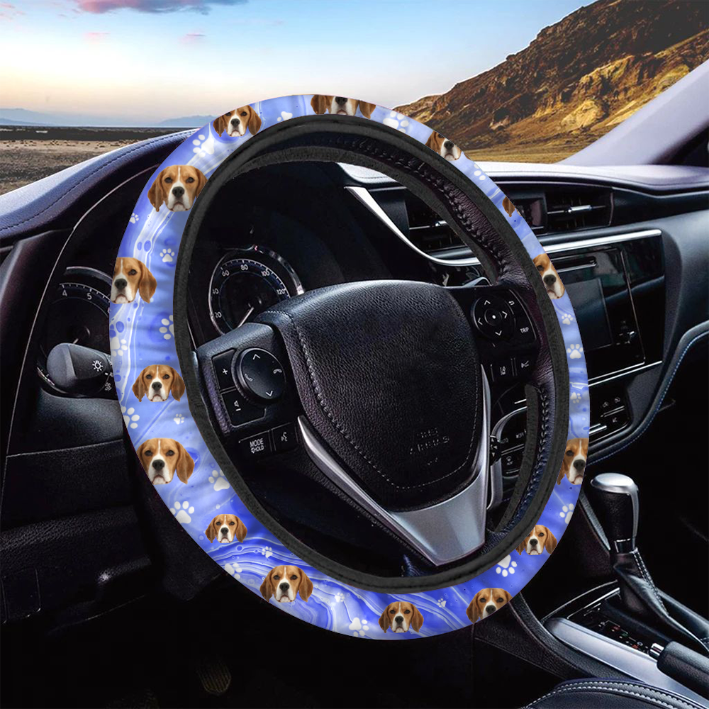 Custom Sparkling Marble Dog Cat Photo Car Steering Wheel Cover, Pet Lover Gift FC