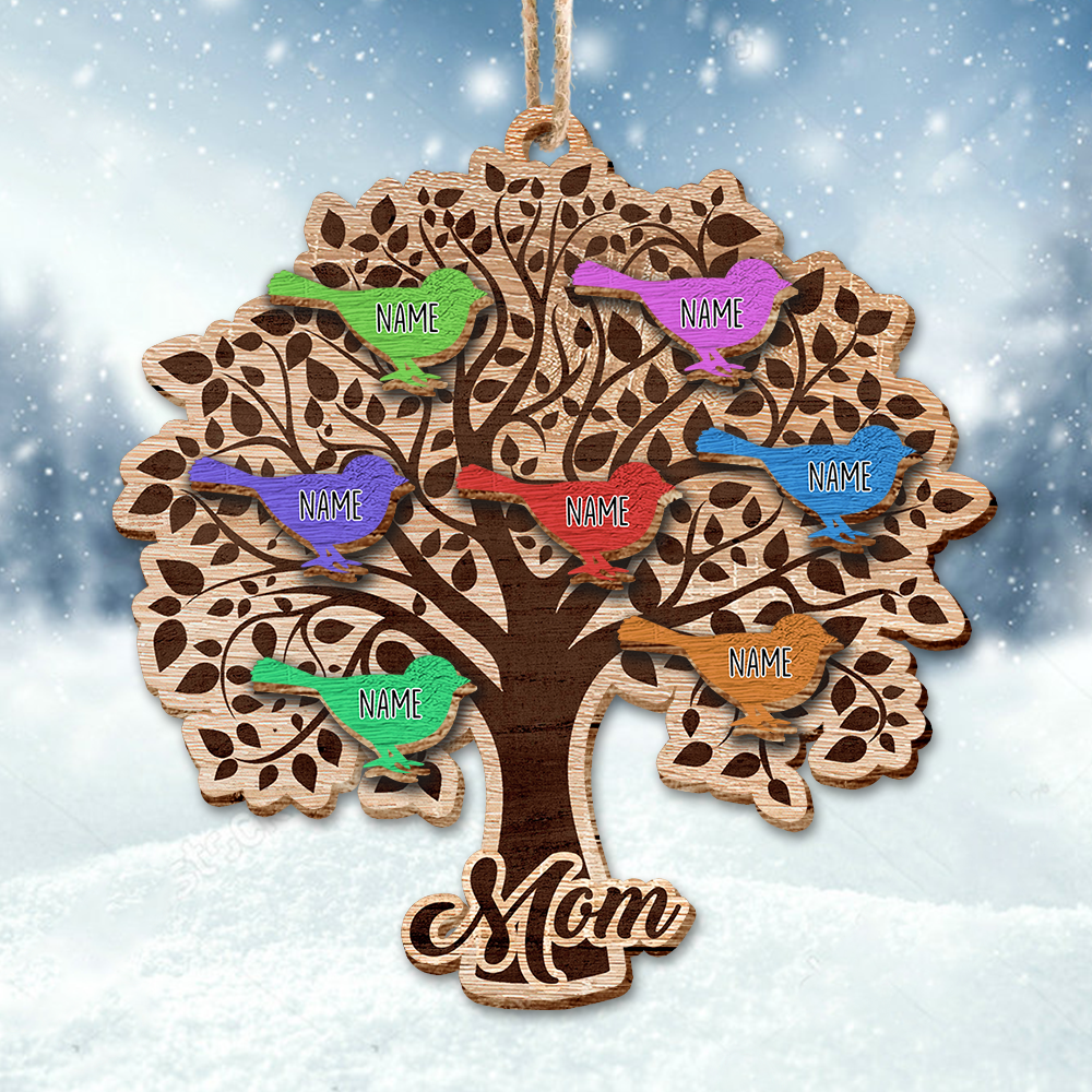 Personalized Family Tree Bird Grandkids Grandma Christmas Layered Wood Ornament , Christmas Gift For Family AE