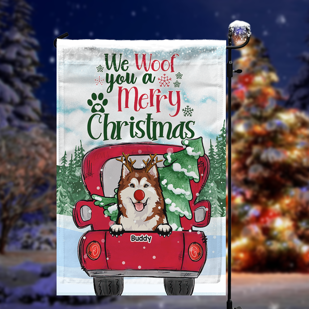 We Woof You A Merry Christmas Red Truck Personalized Dog Flag, Christmas House Decor AD