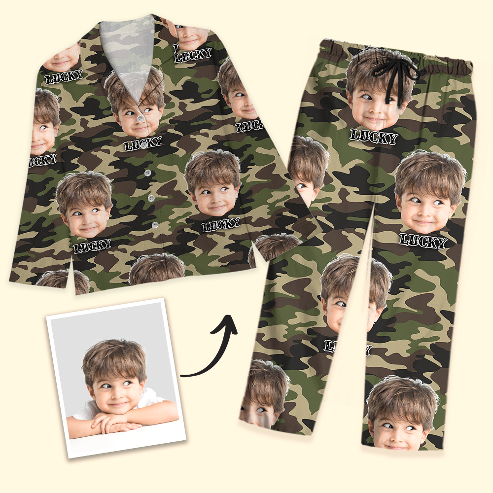 Personalized Custom Face Husband Wife Camo Hunting Pattern Pajamas Set, Funny Gift For Hunting Lover AB