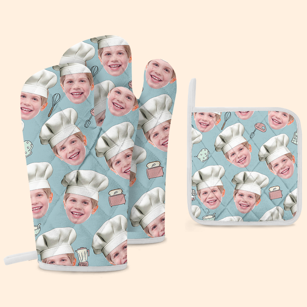 Custom Face With Chef Hat Photo Oven Mitts & Potholder, Kitchen Gift AI