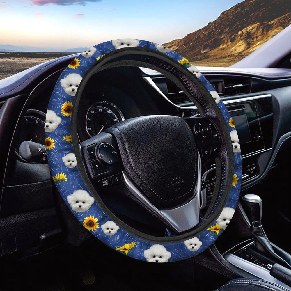 Personalized Dog Cat Face Sunflower Pattern Steering Wheel Cover, Pet Lover Gift FC