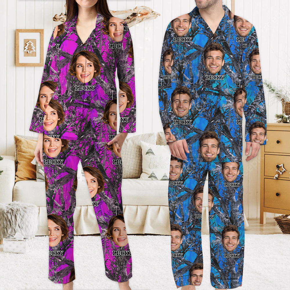 Personalized Custom Face Husband Wife Camo Hunting Pattern Pajamas Set, Funny Gift For Hunting Lover AB