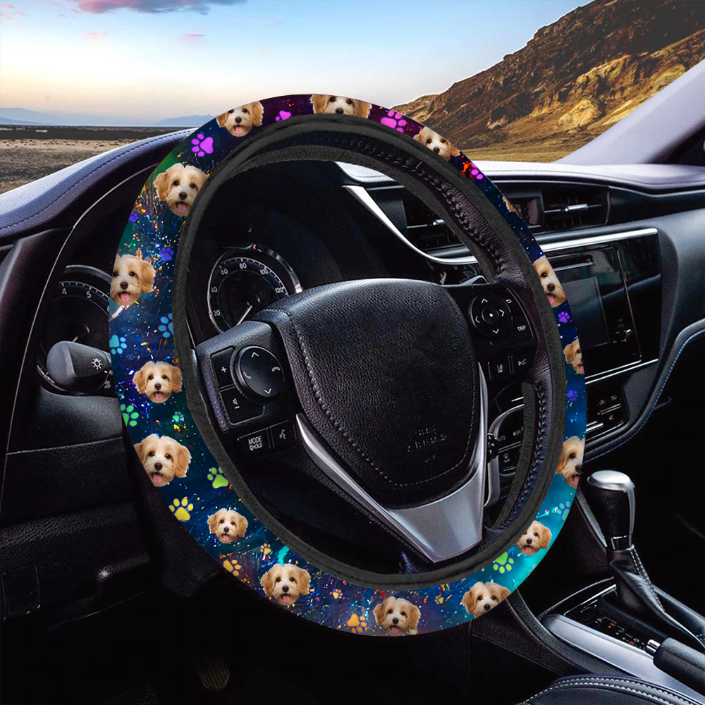 Custom Neon Pawprints Dog Cat Photo Car Steering Wheel Cover, Pet Lover Gift JonxiFon