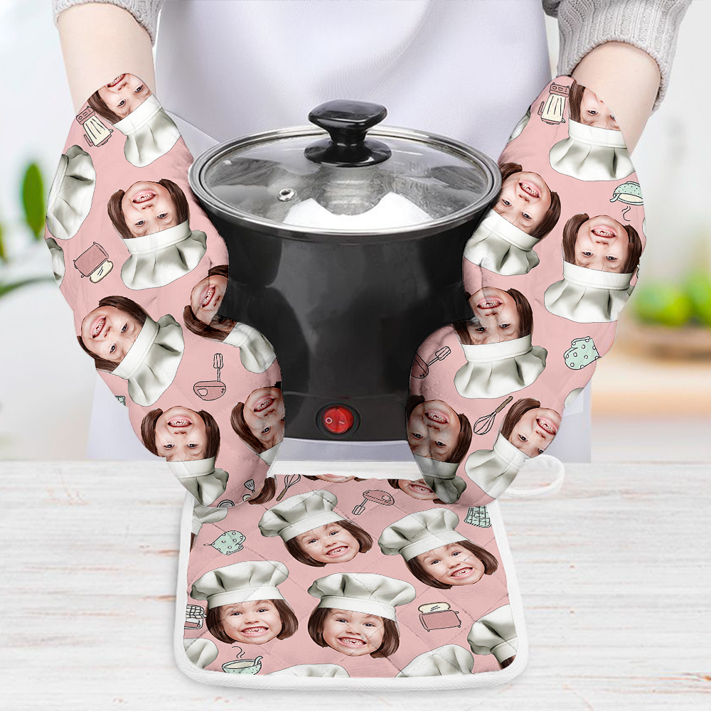 Custom Face With Chef Hat Photo Oven Mitts & Potholder, Kitchen Gift AI