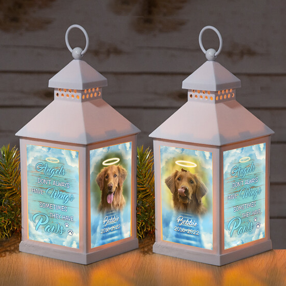 Personalized Angels Sometimes Have Paws Dog Memorial Lantern, Sympathy Gift For Dog Lovers JonxiFon