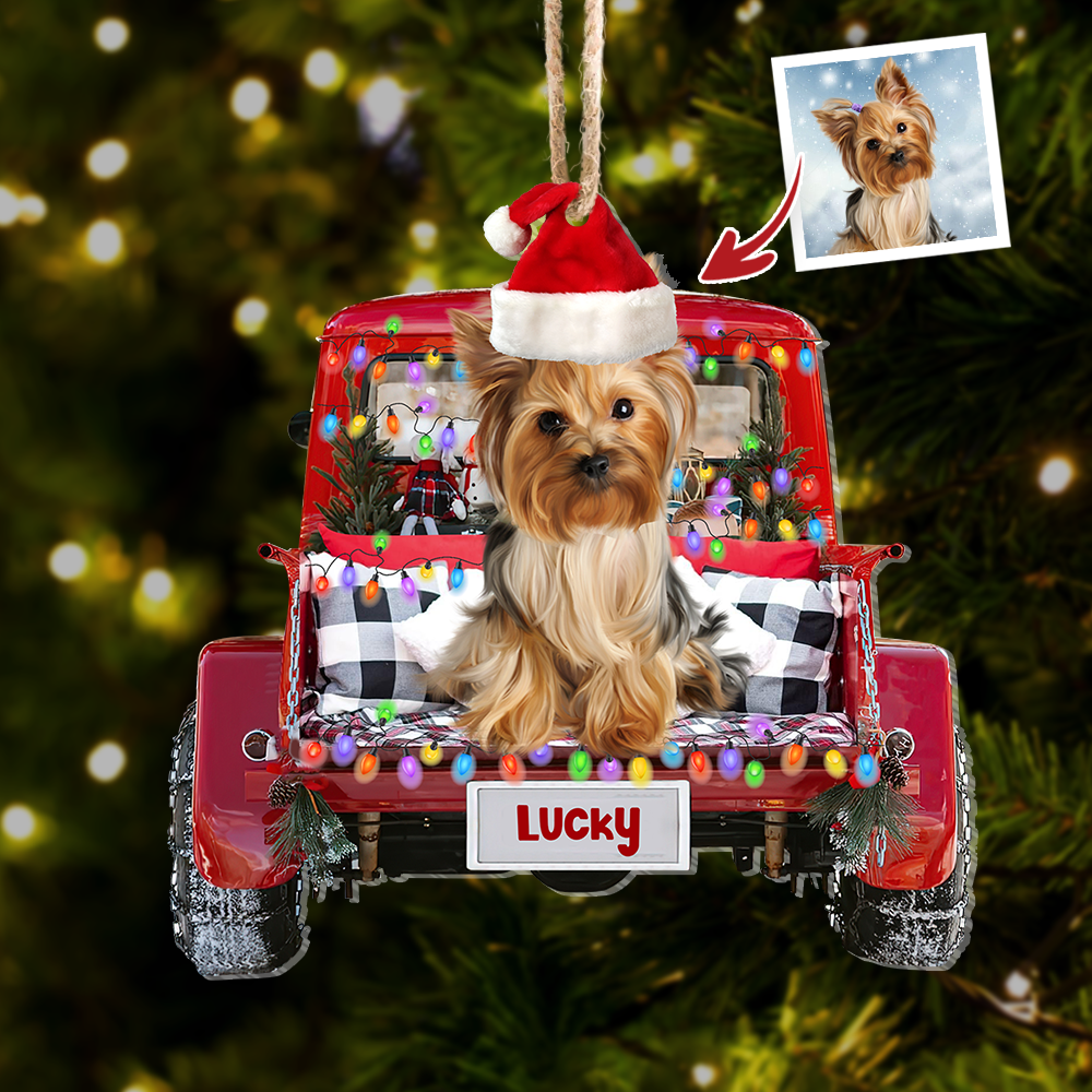 Upload Photo Dog Cat Christmas Red Truck Printed Acrylic Ornament, Customized Holiday Ornament AE