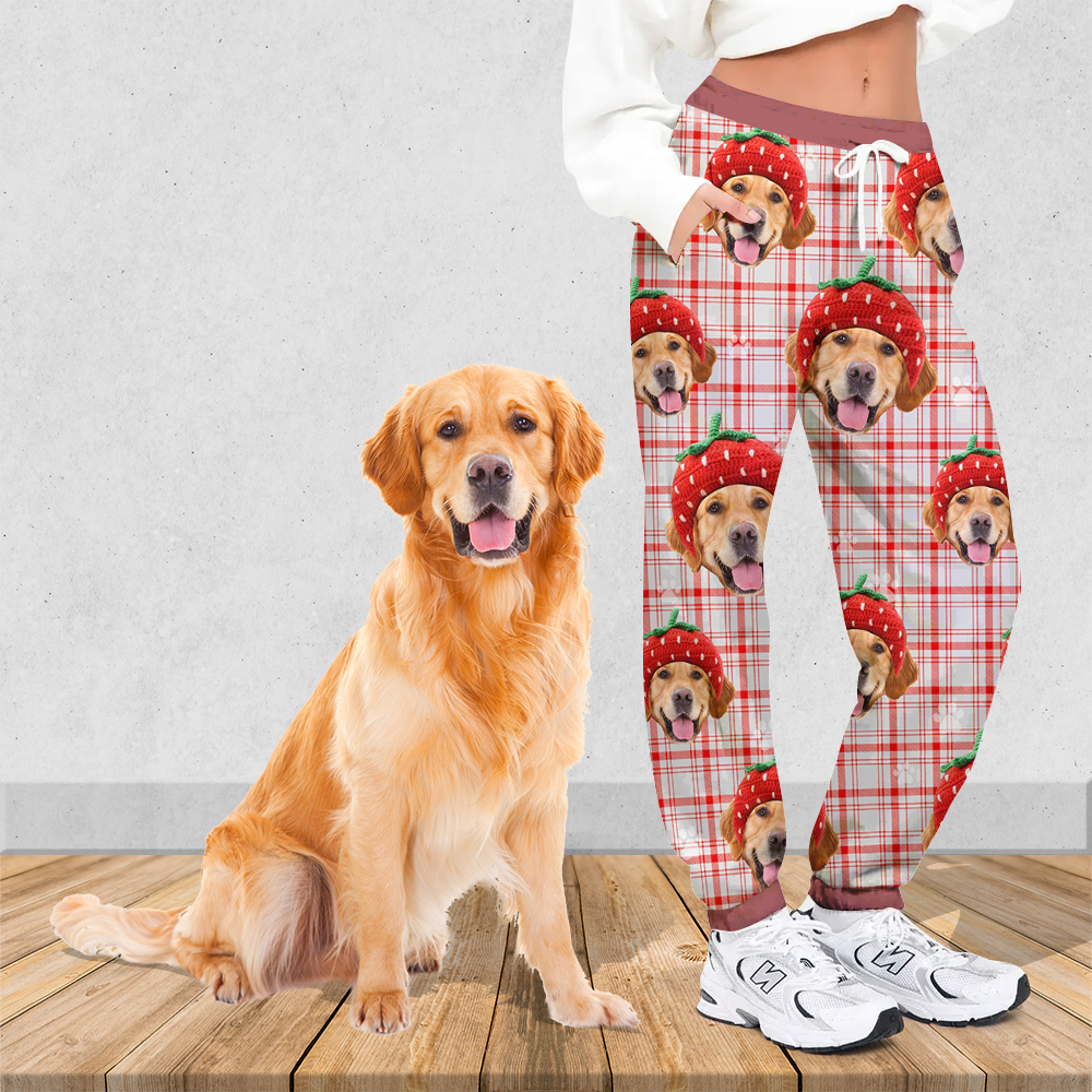 Upload Pet Photo Cute Hat Buffalo Plaid Sweatpants, Custom Gift For Men and Women AB