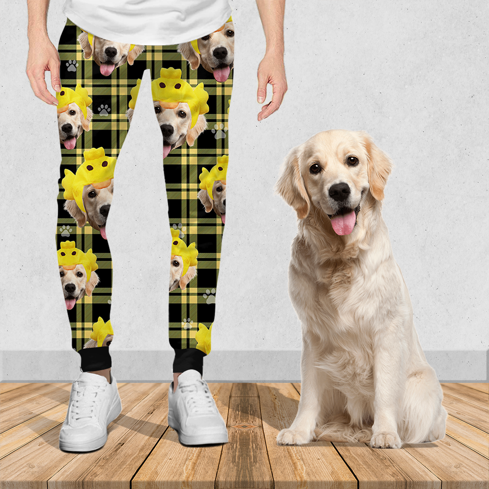 Upload Pet Photo Cute Hat Buffalo Plaid Sweatpants, Custom Gift For Men and Women AB