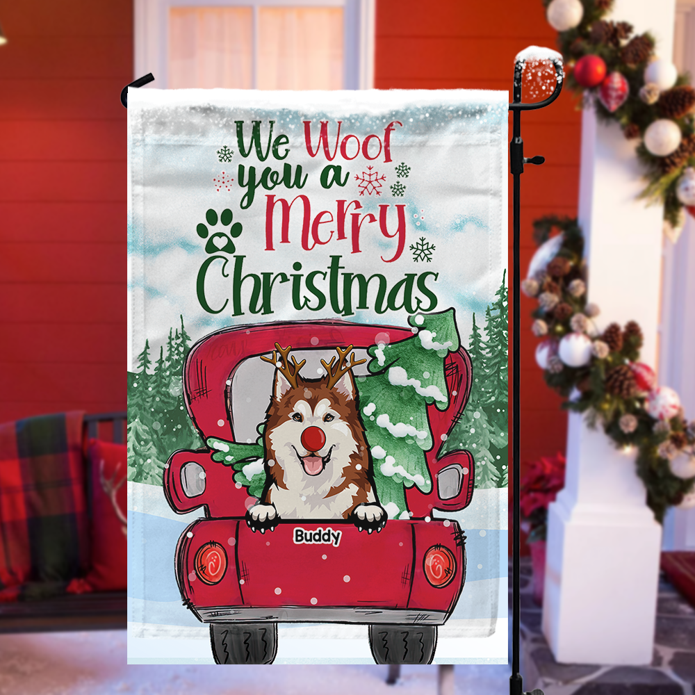 We Woof You A Merry Christmas Red Truck Personalized Dog Flag, Christmas House Decor AD