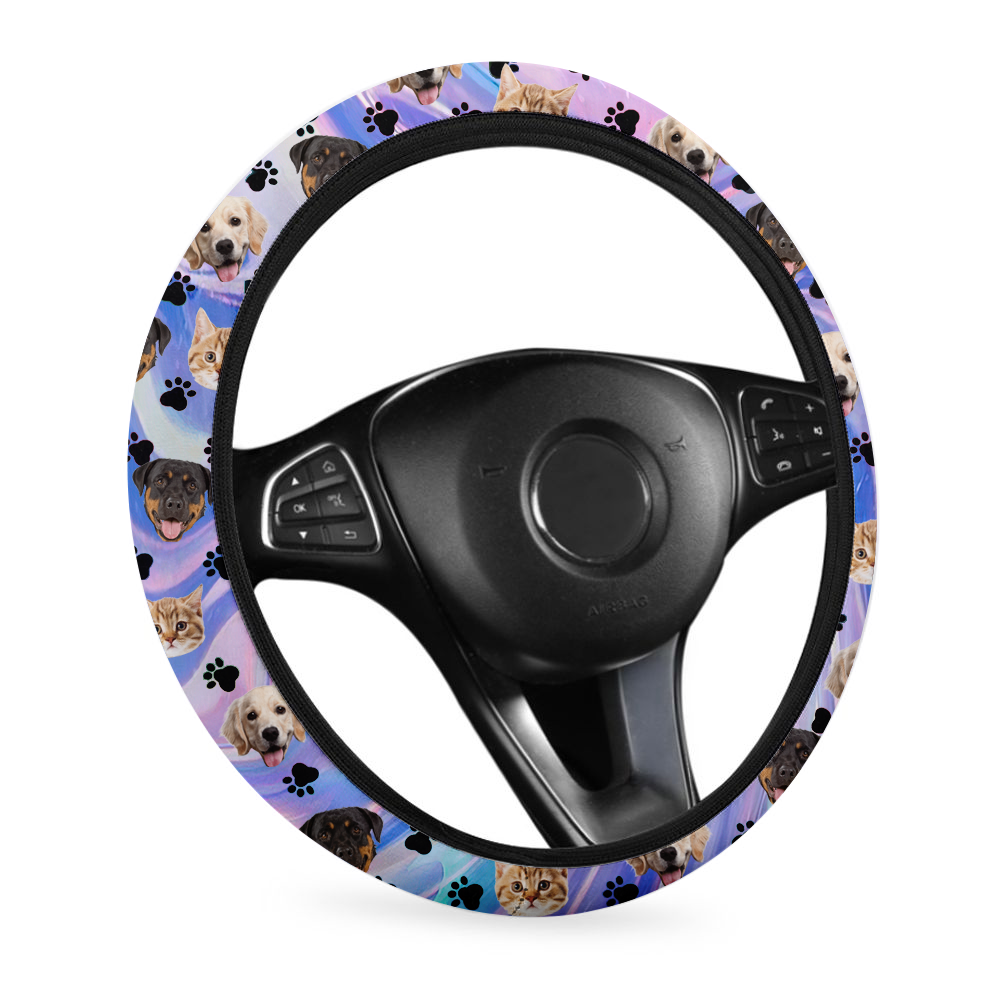 Custom Hologram Tie Dye Photo Dog Cat Car Steering Wheel Cover, Pet Lover Gift FC