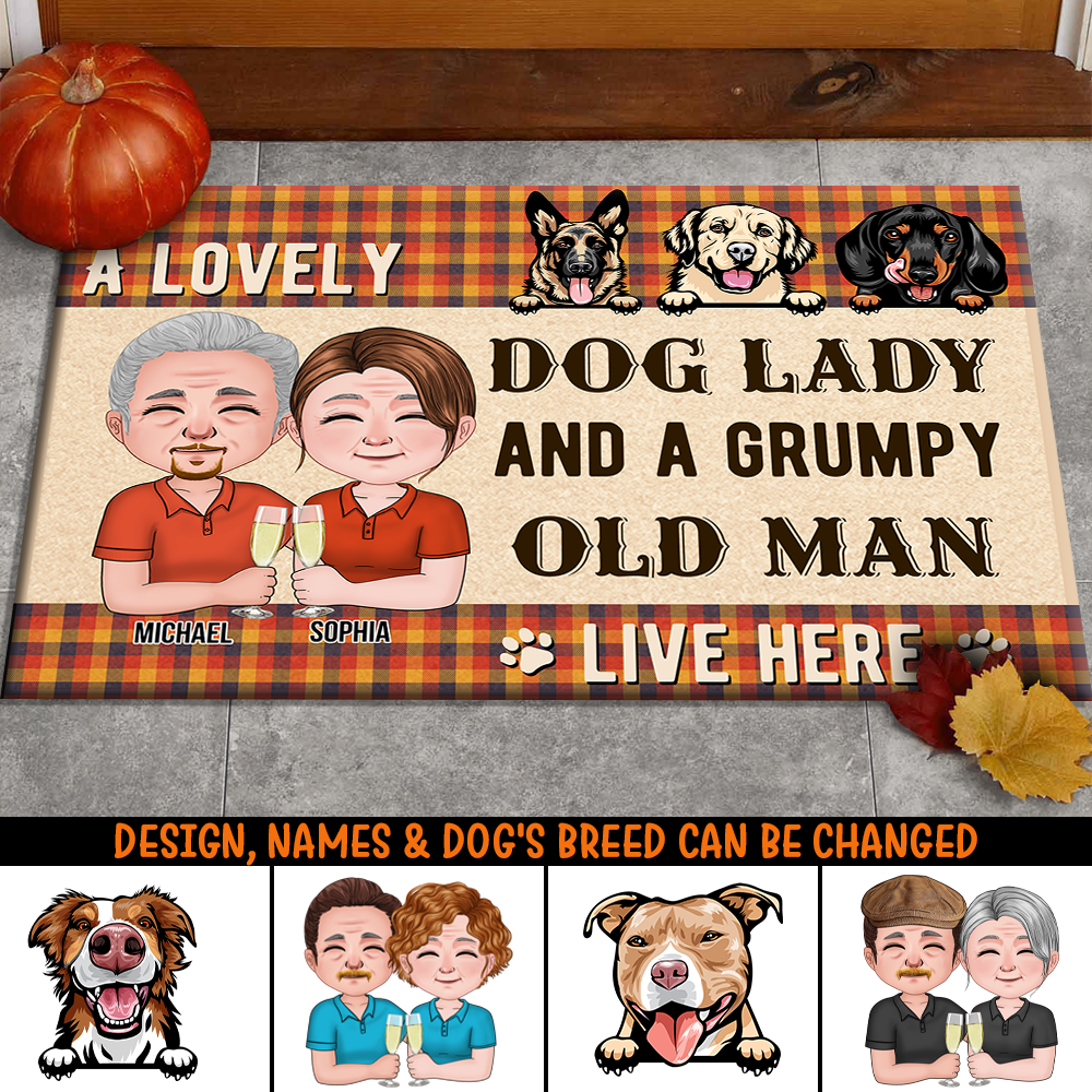 Personalized Crazy Dog Lady And Grumpy Old Man Live Here Doormat, Dog Lover Gift AB