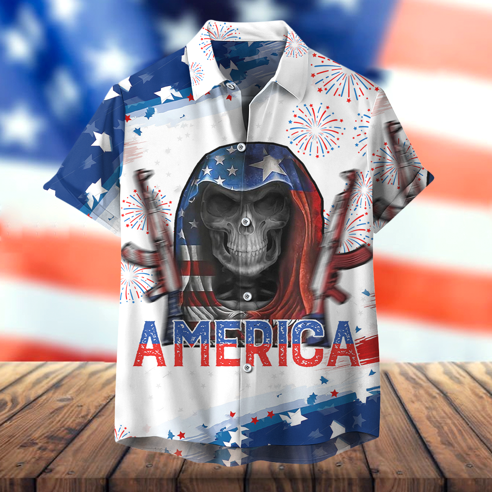 Skull Firework Independence Day- Hawaiian T Shirt, Perfect Gift For Skull Lover, 4th Of July Hawaiian Shirt AI