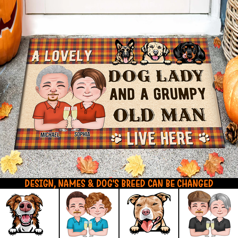 Personalized Crazy Dog Lady And Grumpy Old Man Live Here Doormat, Dog Lover Gift AB