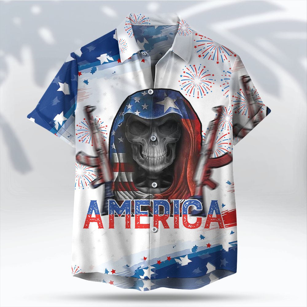 Skull Firework Independence Day- Hawaiian T Shirt, Perfect Gift For Skull Lover, 4th Of July Hawaiian Shirt AI