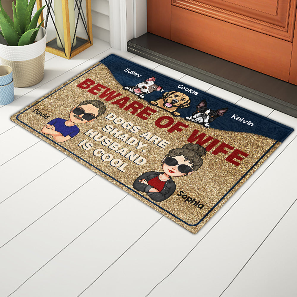 Personalized Beware Of Wife Dogs And Husband Is Cool House Doormat AB