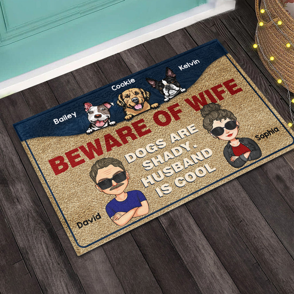 Personalized Beware Of Wife Dogs And Husband Is Cool House Doormat AB