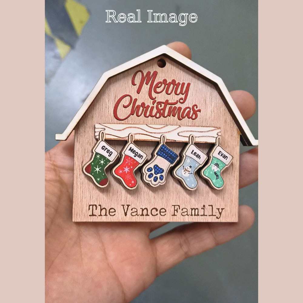 House With Christmas Stockings Family Layered Wood Ornament, Christmas Gift For Family AE