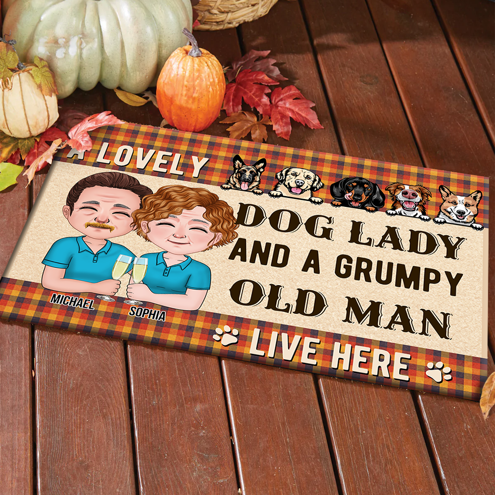 Personalized Crazy Dog Lady And Grumpy Old Man Live Here Doormat, Dog Lover Gift AB