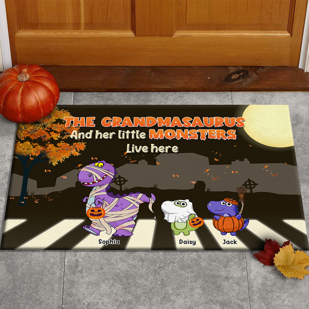 Personalized Grandma And Kids Dinosaur Halloween Doormat AB