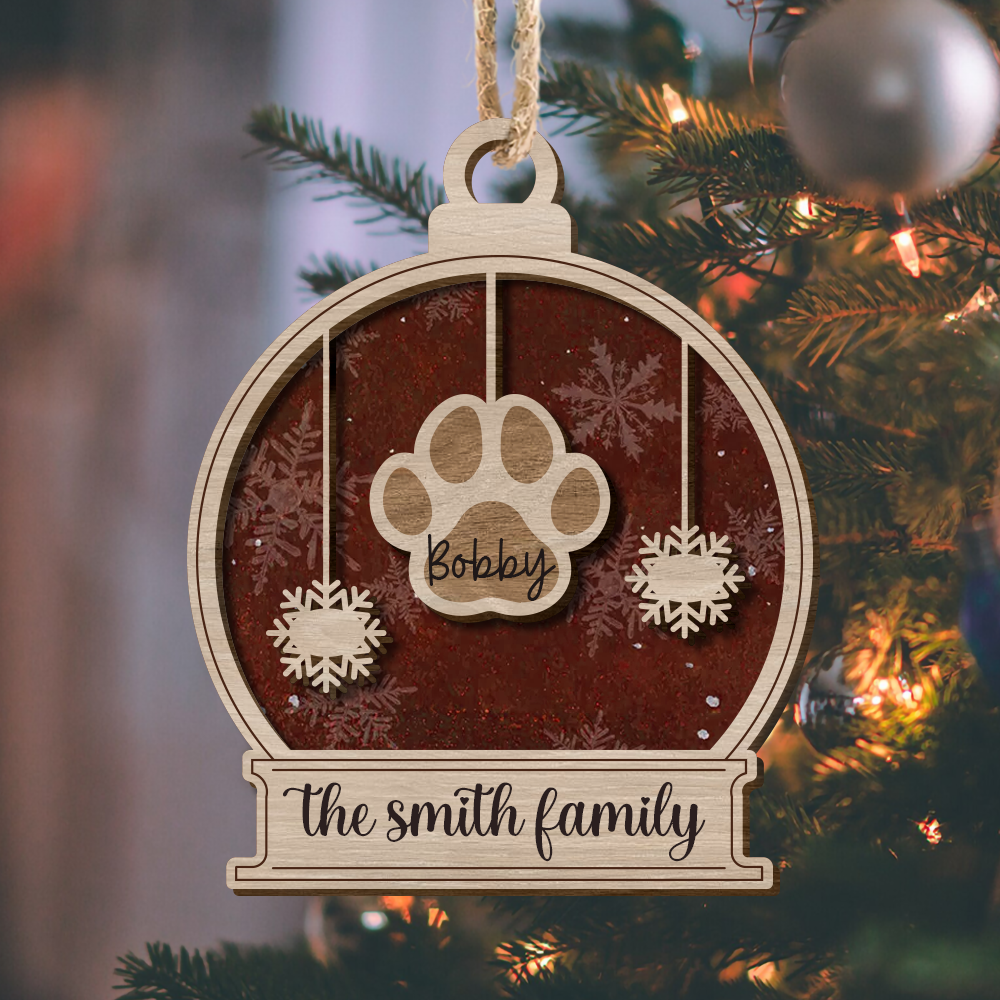 Personalized Dog Lover Family Snow Globe Shaped 2 Layered Wood Christmas Ornament AE