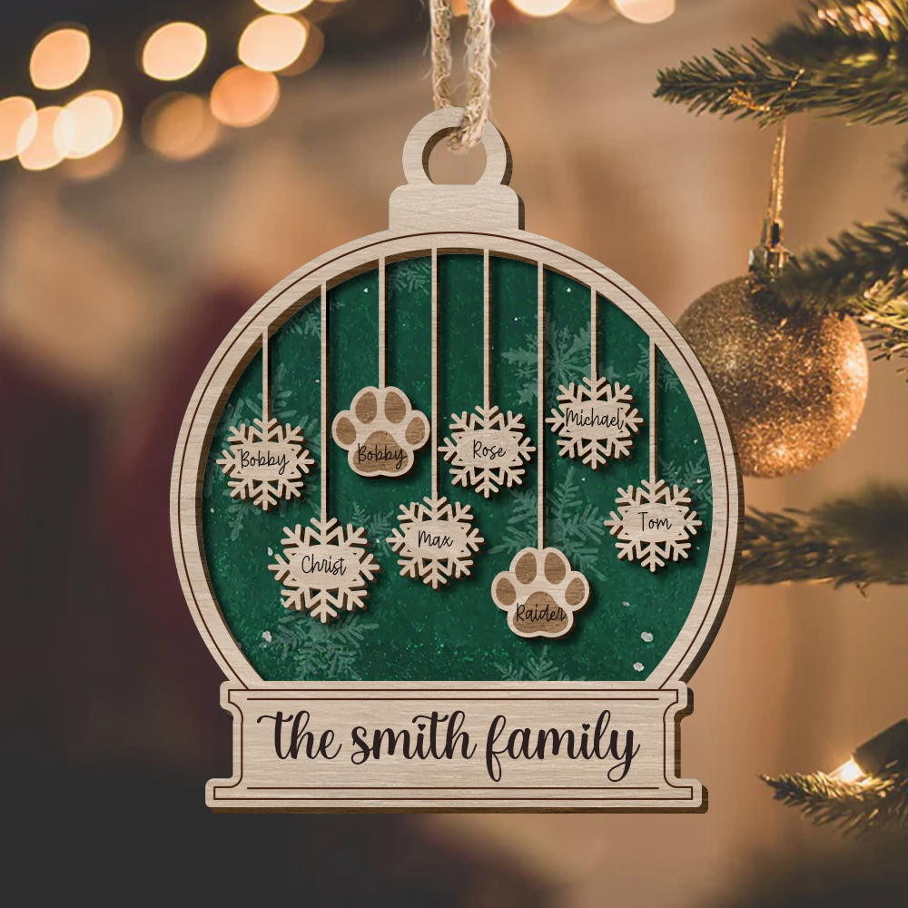 Personalized Dog Lover Family Snow Globe Shaped 2 Layered Wood Christmas Ornament AE